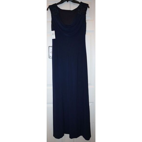 Alex Evenings Sz 8 Navy Embroidered Lace Bodice Cap Sleeve Full Length Dress $26 - Picture 2 of 9